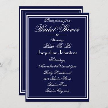 Simple Elegant Navy Blue Chic Classy Bridal Shower Invitations