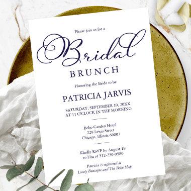 Simple Elegant Navy Blue Script Bridal Brunch Invitations
