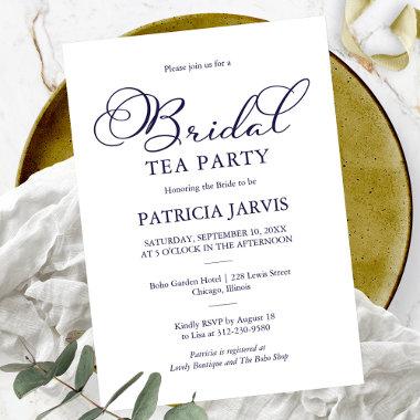 Simple Elegant Navy Blue Script Bridal Tea Party Invitations
