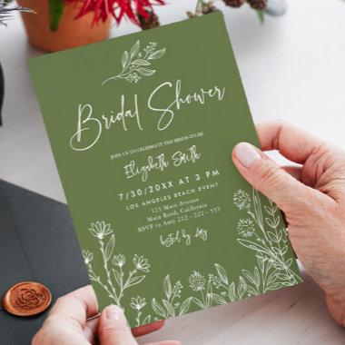 Simple Elegant Olive Green Branches Bridal Shower Invitations