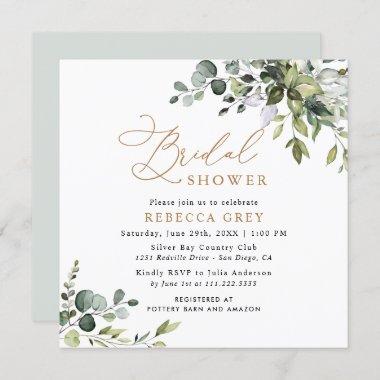 Simple Elegant Script Gold Greenery Bridal Shower Invitations