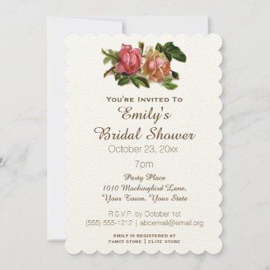Simple Elegant Vintage Floral Rose Bridal Shower Invitations