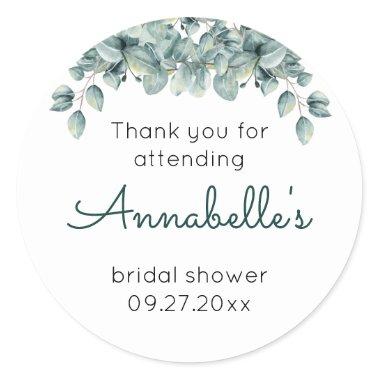 Simple Eucalyptus Bridal Shower Thank You Classic Round Sticker