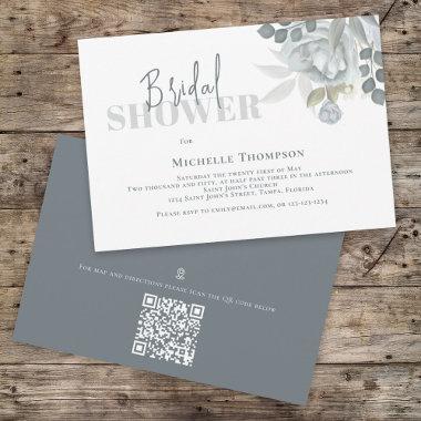 Simple Floral Bridal Shower Blue QR Code Map Invitations