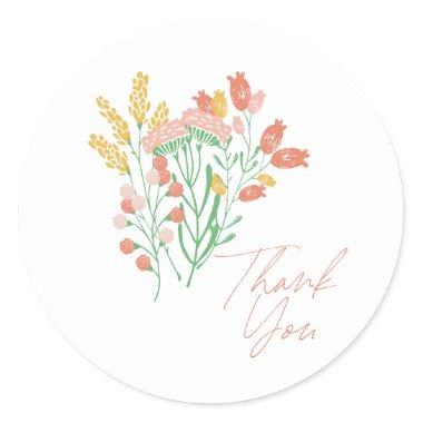 Simple Floral Wildflowers Coral Yellow Thank You Classic Round Sticker