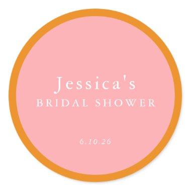 Simple Geometric Pink Orange Custom Bridal Shower Classic Round Sticker