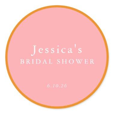 Simple Geometric Pink Orange Custom Bridal Shower Classic Round Sticker