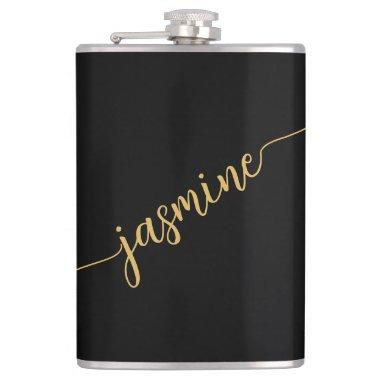Simple Girly Black And Gold Monogram Name Script Flask