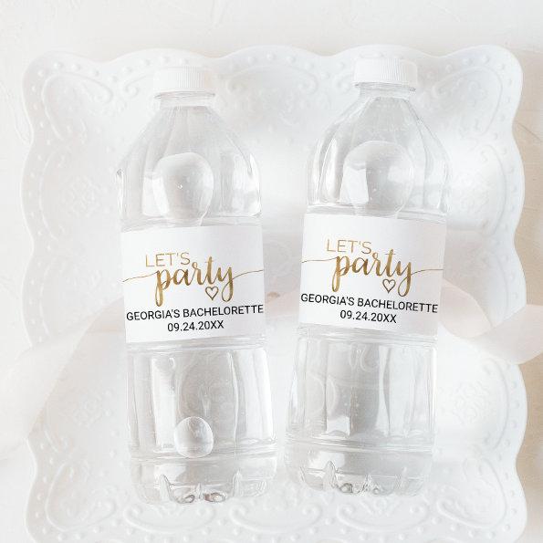 Simple Gold Calligraphy Let's Party Bachelorette Water Bottle Label