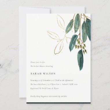 Simple Gold Green Eucalyptus Foliage Bridal Shower Invitations