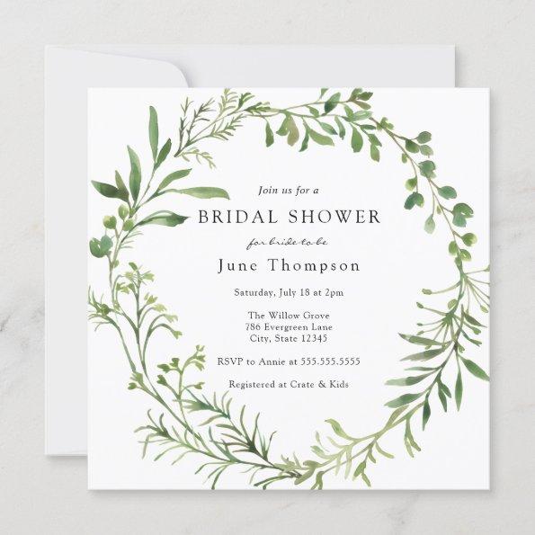 Simple Greenery Wreath Bridal Shower Invitations
