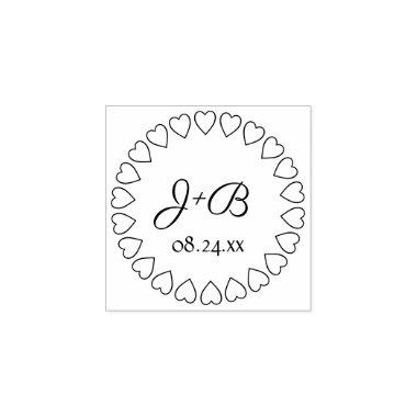 Simple Hearts Elegant Script Monogrammed Wedding Rubber Stamp