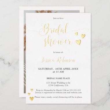 Simple hearts gold script chic bridal shower photo foil Invitations