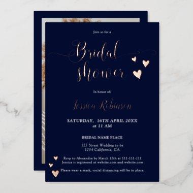 Simple hearts rose gold script bridal shower photo foil Invitations