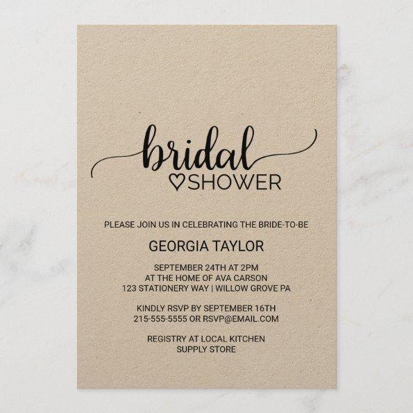 Simple Kraft Calligraphy Bridal Shower Invitations