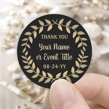 Simple Laurel Wreath Black and Gold Thank You Classic Round Sticker