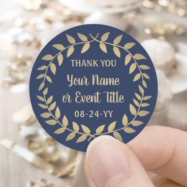Simple Laurel Wreath Navy Blue and Gold Thank You Classic Round Sticker