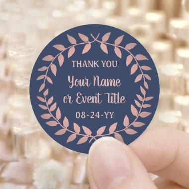 Simple Laurel Wreath Navy Blue and Pink Thank You Classic Round Sticker