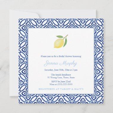 Simple Mediterranean Lemon Blue Tile Bridal Shower Invitations