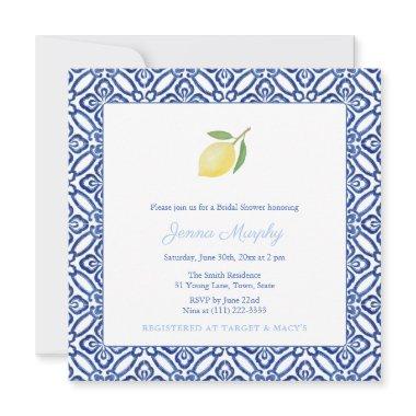 Simple Mediterranean Lemon Blue Tile Bridal Shower Invitations