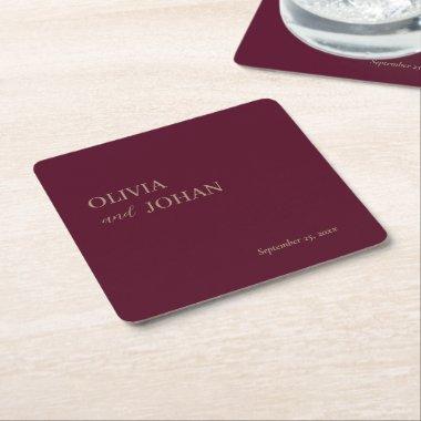 Simple Modern and Minimalist | Wedding Burgundy Square Paper Coaster