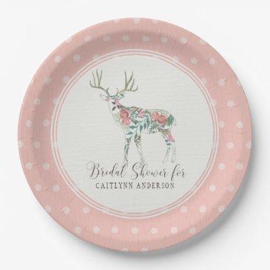 Simple Modern Dot Pattern Floral Rose Deer Antlers Paper Plates