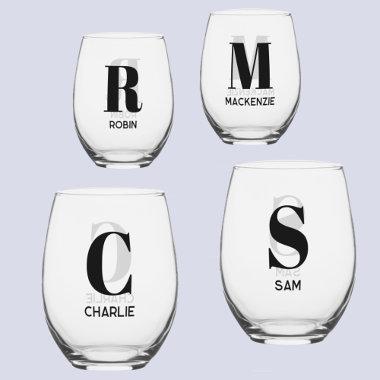 Simple Modern Monogram Initial Name Personalized Stemless Wine Glass