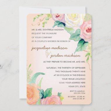 Simple Modern Watercolor Floral Roses Peach Coral Invitations