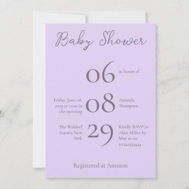 Simple Monogram Minimalist Lavender Baby Shower Invitations