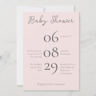 Simple Monogram Minimalist Misty Rose Baby Shower Invitations
