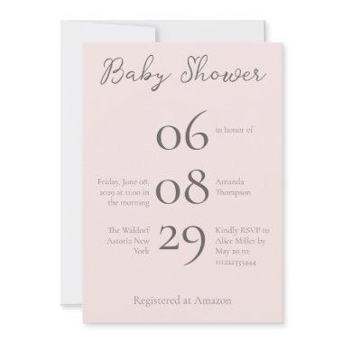 Simple Monogram Minimalist Misty Rose Baby Shower Invitations