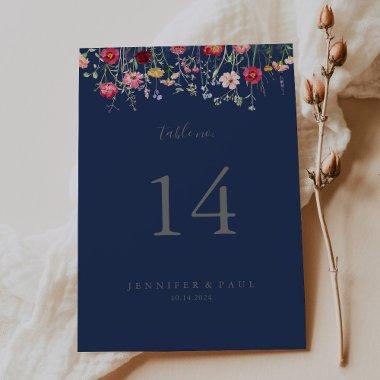 Simple Multicolor Wildflower Navy Wedding Table Number