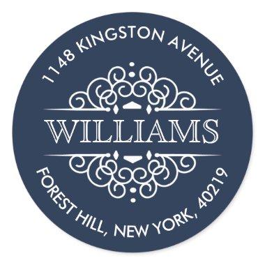 Simple Navy & White Ornate Custom Return Address Classic Round Sticker