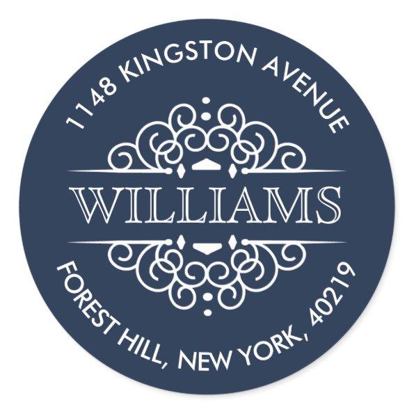 Simple Navy & White Ornate Custom Return Address Classic Round Sticker