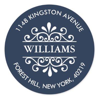 Simple Navy & White Ornate Custom Return Address Classic Round Sticker