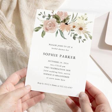 Simple Neutral Watercolor Flowers | Bridal Shower Invitations
