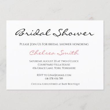Simple Plain Calligraphy Bridal Shower Invitations