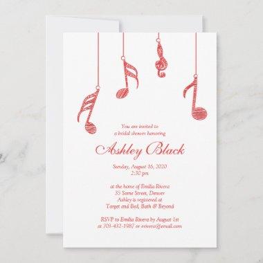 Simple Red Music Notes Bridal Shower Invitations