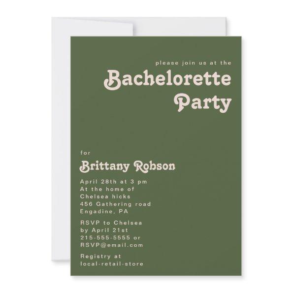 Simple Retro Vibes Olive Green Bachelorette Party Invitations