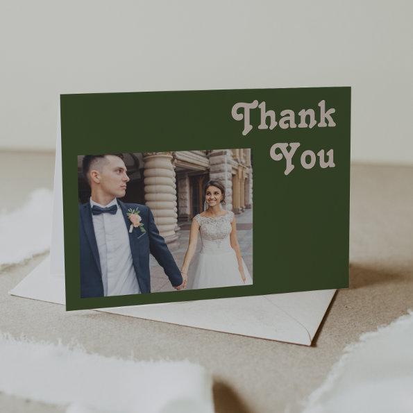 Simple Retro Vibes | Olive Green Folded Photo Thank You Invitations