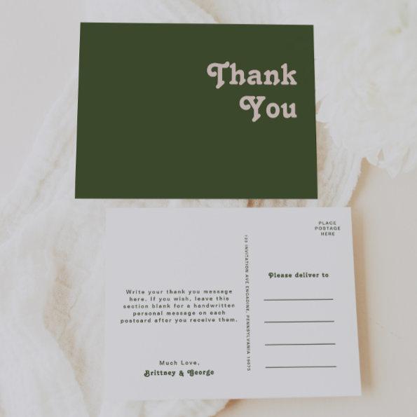 Simple Retro Vibes | Olive Green Wedding Thank You PostInvitations