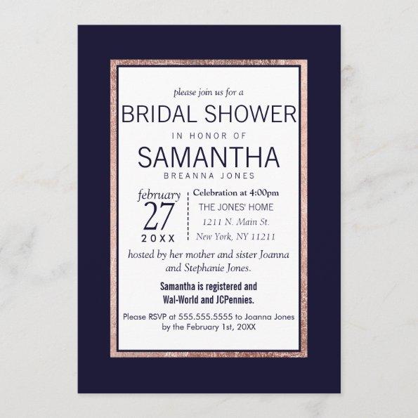 Simple Rose Gold Lined Navy Blue Bridal Shower Invitations