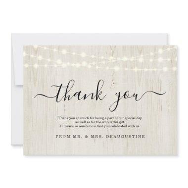 Simple Rustic Fairy Lights on Light Wood Thank You
