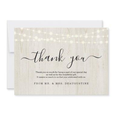 Simple Rustic Fairy Lights on Light Wood Thank You Invitations