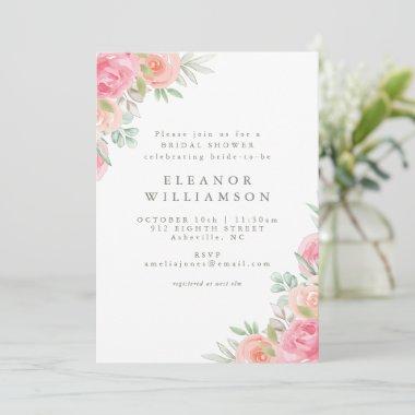 Simple Rustic Floral Pink Coral Bridal Shower Invitations