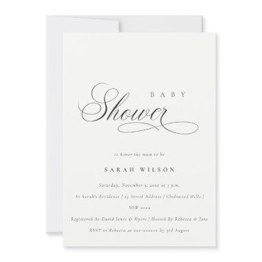 Simple Script Black White Baby Shower Invite