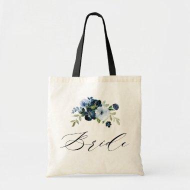 simple script navy blue floral bride tote bag