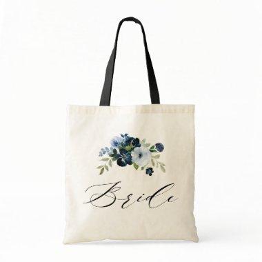 simple script navy blue floral bride tote bag