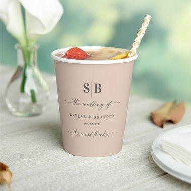 Simple Solid Color Champagne Monogrammed Wedding Paper Cups