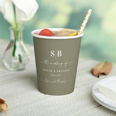 Simple Solid Color Lily Green Monogrammed Wedding Paper Cups
